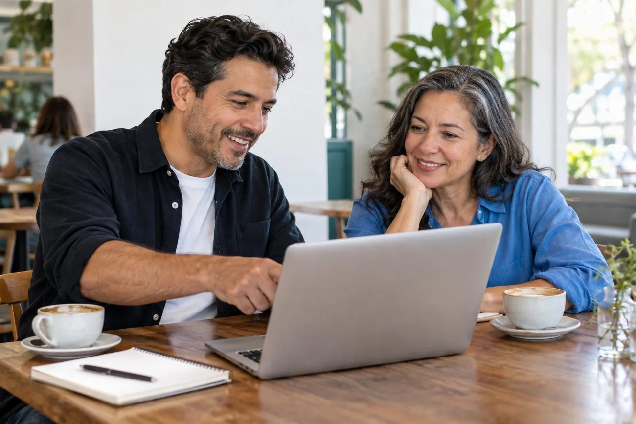 Two people smiling at a laptop during a one-on-one session