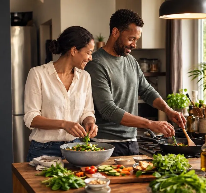 A couple cooking dinner together at home