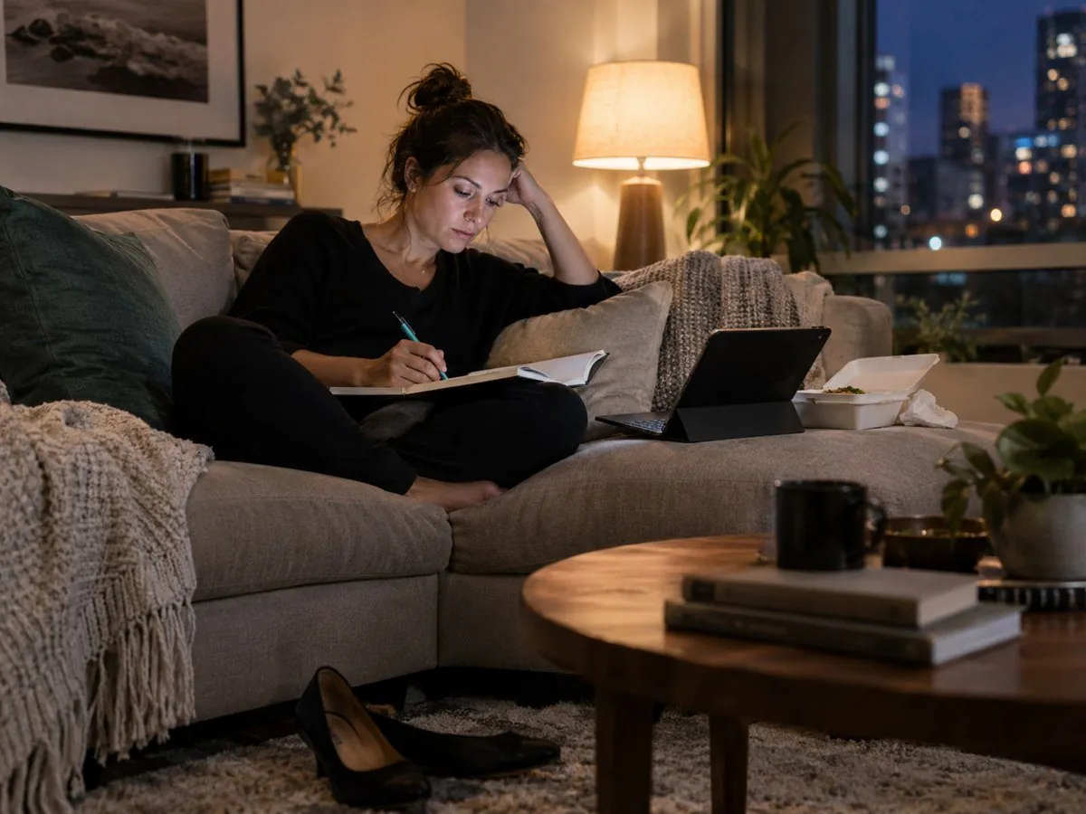 A woman on her couch at night, writing in a notebook