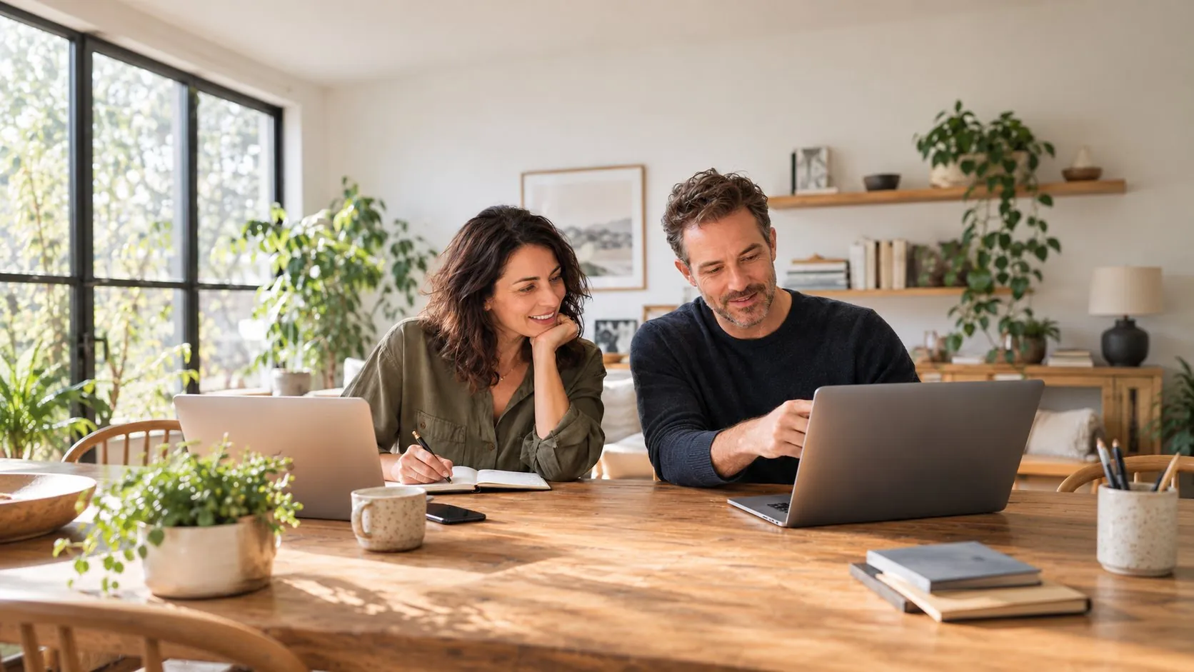 Two people at a kitchen table, smiling and working through something together on a laptop
