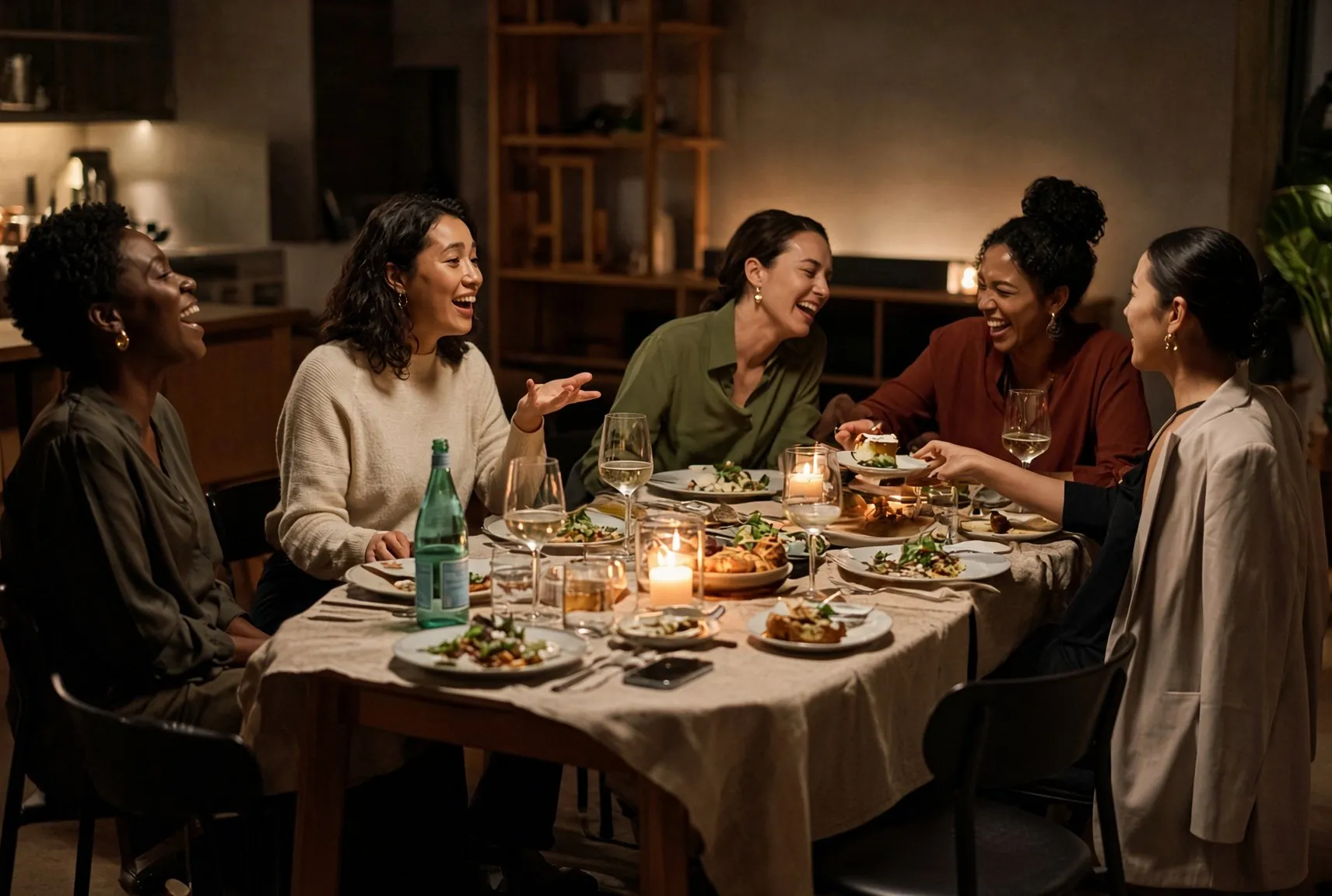 Friends laughing around a candlelit dinner table at home